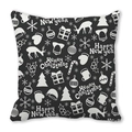 Detail of Christmas pillowcase with reindeer and snowflake doodles on black peach skin fabric - Black White Graffiti Style (24)