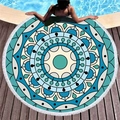 Blue mandala circular beach towel with elegant white tassels on a pool deck - Dark Blue Geometric Totem (12)