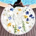 Rundes Strandtuch mit buntem Aquarell-Wildblumenmuster und weißen Fransen am Rand - Wildblumen Gänseblümchen Wiese Stil (10)