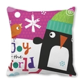 Cartoon penguin and bird cushion cover made of peach skin velvet with Joy text - Penguin Green Hat Rose Red Background Style(24) / 45x45cm