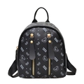 Cute black PU leather backpack with bear prints and golden zipper details for daily use - Black
