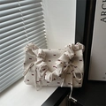 Blumen Canvas Schultertasche mit roten Schleifen, Kordelzug und gerafftem Griff-Design - Gebrochenes Weiß
