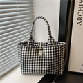 Minimalist black and white plaid canvas tote bag with wooden button and rope closure - Black