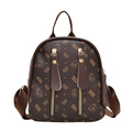 Deep brown PU leather backpack with cartoon bear patterns and gold zipper accents - Brown