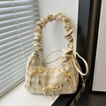 Trendy yellow gingham pleated shoulder bag with scrunchie handle and bow detail - Yellow