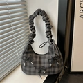 Plaid crescent shoulder bag with pleated handle and bow knot detail for women - Black