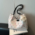 Cute bunny floral printed tote bag with black woven handles and star plush pendant - Black