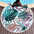 Round beach towel with tropical monstera leaves print and white fringe tassels by the pool - Purple monstera Cold Tone Style (5)