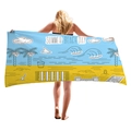 Himmelblaues und gelbes Strandtuch mit Sommerstrand-Illustration für den Urlaub - Sommer Strandtag Stil (6)