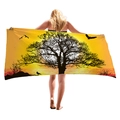 Minimalist beach towel featuring sunset silhouette of trees and birds in warm orange - 150x75cm / Sunset Tree Silhouette Style (4)