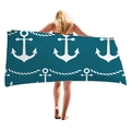 Teal beach towel featuring white anchor and rope patterns in a large rectangular shape - Teal Anchor Rope (12)