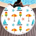 Toalla de playa redonda gruesa con motivos náuticos y borlas junto a una piscina - Patrón de Velero Marítimo (7)