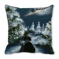 Dettaglio copricuscino natalizio con cane e gatto che guardano Babbo Natale nel cielo - Animali che Guardano il Natale Innevato (Stile 26) / 45x45cm