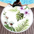 Round beach towel with tropical green palm leaves and white orchids featuring white tassels - White Tropical Orchid Style (6)