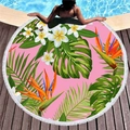 Pink tropical beach towel with floral patterns, white tassels, and palm leaf design - Pink Frangipani Tropical Style (6)