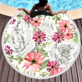 Rundes Strandtuch mit Blumenmuster, rosa Blüten und weißen Quasten am Poolrand - Rosa Lila Mandala Blumen Stil (12)