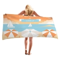 Dickes Strandtuch mit Sonnenschirm-Print, präsentiert von einem weiblichen Model - Schöner Sommer Segelboot Stil (8)
