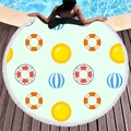 Circular thick beach towel with summer icons and tassels on a wooden pool deck - Light Green Summer Lifebuoy (4) / Diameter 150