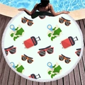 Round beach towel with cartoon travel icons and white fringe on pool deck background - White Travel Map Theme (6) / Diameter 150