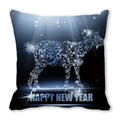 Peach skin fabric square cushion cover with blue goat pattern and Happy New Year text - 45x45cm / Black Background Blue Scroll Art Sheep