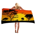 Thickened beach towel with sunset savanna print and silhouette of acacia trees - 150x75cm / African Savannah Sunset Style (6)