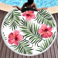 Round beach towel with tropical hibiscus and palm leaf print with white fringe tassel - Pink Hibiscus Palm Style (7)