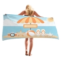 Dickes Strandtuch mit blauem und orangefarbenem Hotel-Aufdruck für den Sommer - Hotel Schild Sommer Stil (9)