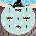 Round blue microfiber beach towel with cartoon deer prints and white fringe tassels - Light Blue Base Cartoon Deer