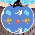 Round beach towel with blue ocean cartoon prints and white tassel fringe on wood deck - Blue Ocean Cartoon (1) / Diameter 150