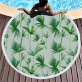 Round beach towel with tropical green palm leaves and white fringe tassels on wood - Gray Palm Leaf Style (8)