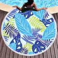 Round beach towel with tropical jungle leaf print and white tassels for vacation - Jungle Leaves Blue-Green Style (8)