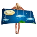 Thick microfiber beach towel with crescent moon and stars cartoon illustration - Personified Moon Starry Sky (4)