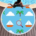 Blue round beach towel with cloud and palm tree prints featuring white tassels - Sky Blue Coconut & Boat (2) / Diameter 150