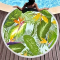 Round thick beach towel with tropical bird of paradise print and white tassel fringe - Bird of Paradise Flower