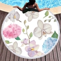 Thick round beach towel with vibrant floral print and white tassel trim by a pool - Pink Blue Artistic Floral Style (9)