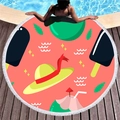 Asciugamano rotondo da spiaggia rosa con stampe estive e frange su pedana in legno - Stile Cappello di Paglia Cocco (4)