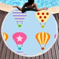 Blue hot air balloon print round beach towel with white tassels on wood floor - Light Blue Hot Air Balloon (3) / Diameter 150