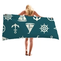 Asciugamano mare blu scuro con motivi nautici di ancore e barche a vela bianchi - Elementi Nautici Teal Scuro (6)