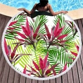 Round beach towel with pink and green tropical palm leaf print and white tassel edges - Pink Palm Leaves