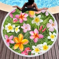 Round tropical beach towel with palm leaves and plumeria flowers and white tassels - Plumeria Tropical Plant Style (10)