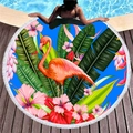 Round beach towel with tropical flamingo and floral patterns with white tassel fringe - Flamingo Hibiscus Style (10)