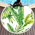 Round thick beach towel with tropical monstera leaf print and white tassels - Green Monstera Leaves