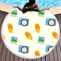 Round beach towel with tassels featuring blue camera and yellow flip-flops pattern - Off-White Happy Summer (5) / Diameter 150
