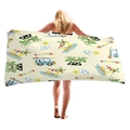 Serviette de plage d'été avec grenouille verte et van bleu sur fond beige - Grenouille d'été Van (1)