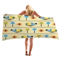 Serviette de plage épaisse à motifs de trains bleus et signes ferroviaires sur beige - Train de Dessin Animé Bleu (3)
