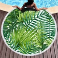 Round beach towel with tropical monstera leaf print and white tassel fringe - Green Monstera Palm Leaf Style (11)