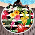 Round beach towel with black and white stripes and tropical floral prints with tassels - Striped Hibiscus