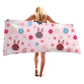 Pink beach towel with cute cartoon rabbit and colorful floral patterns for beach vacation - Pink Rabbit Easter Egg Style