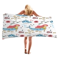 Thick beach towel with cute mermaid and ocean print shown by a model from the back - Mermaid And Narwhal Pattern