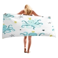Large beach towel featuring a cute blue octopus with crown print on a white base - Crown Octopus And Starfish